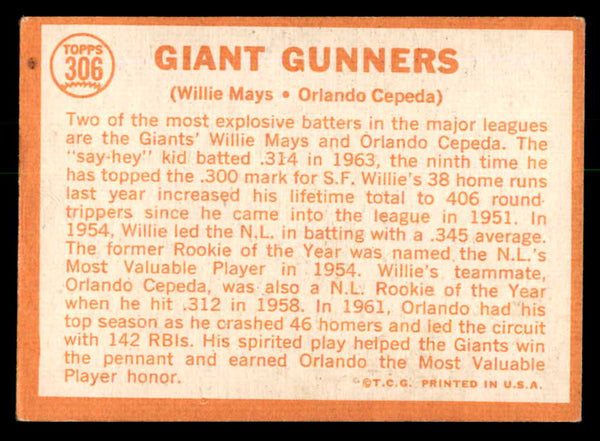 1964 Topps Baseball #306 Willie Mays Orlando Cepeda VG 540716