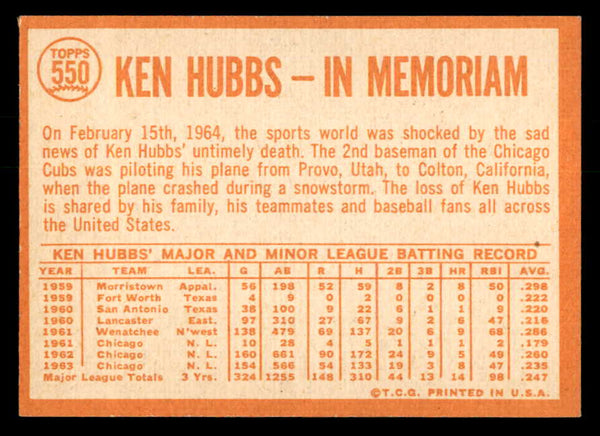 1964 Topps Baseball #550 Ken Hubbs Cubs NR-MT 540751