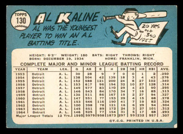 1965 Topps Baseball #130 Al Kaline Tigers EX 540776