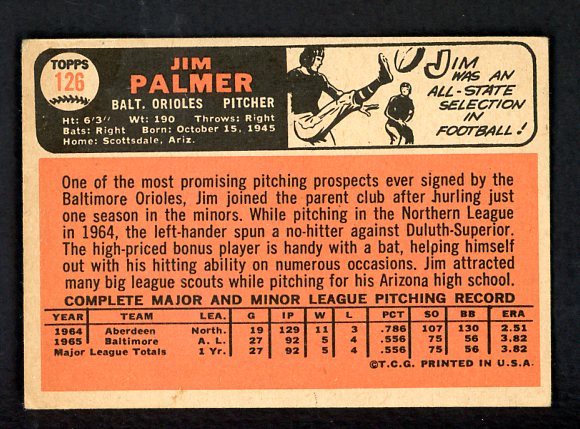 1966 Topps Baseball #126 Jim Palmer Orioles VG-EX 540894