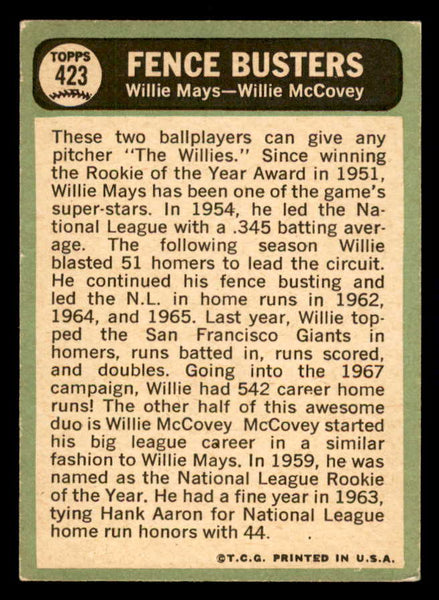 1967 Topps Baseball #423 Willie Mays Willie McCovey EX 540956