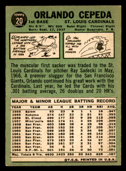 1967 Topps Baseball #020 Orlando Cepeda Cardinals EX+/EX-MT 540994