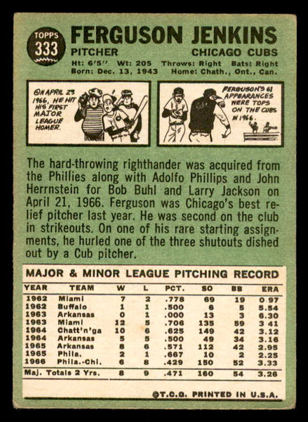 1967 Topps Baseball #333 Fergie Jenkins Cubs VG 541001