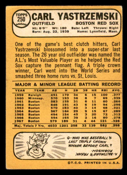 1968 Topps Baseball #250 Carl Yastrzemski Red Sox VG 541010