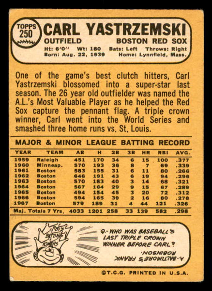 1968 Topps Baseball #250 Carl Yastrzemski Red Sox VG-EX 541011