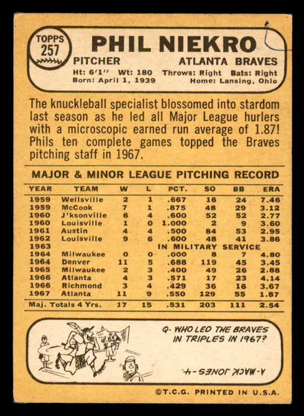 1968 Topps Baseball #257 Phil Niekro Braves VG-EX 541019