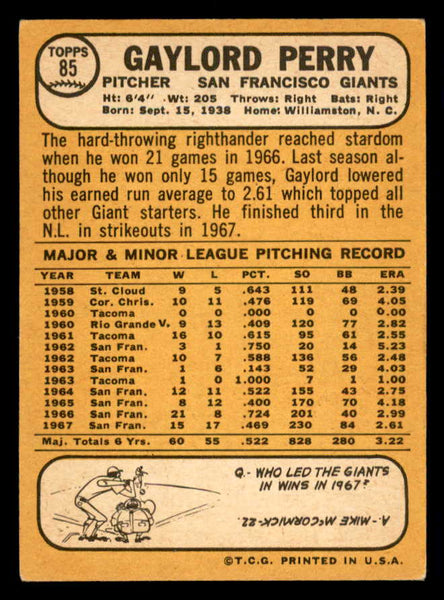 1968 Topps Baseball #085 Gaylord Perry Giants EX 541024