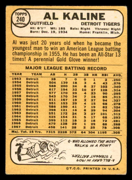 1968 Topps Baseball #240 Al Kaline Tigers VG-EX 541043