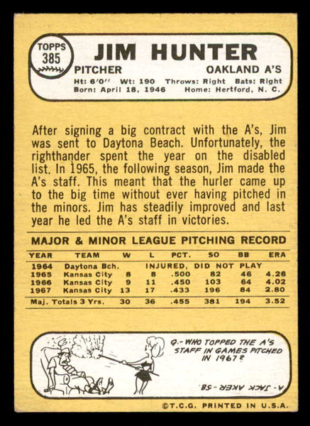 1968 Topps Baseball #385 Catfish Hunter A's EX 541048