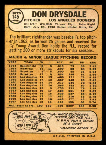 1968 Topps Baseball #145 Don Drysdale Dodgers EX 541050