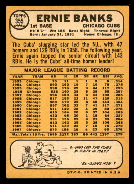 1968 Topps Baseball #355 Ernie Banks Cubs EX 541060
