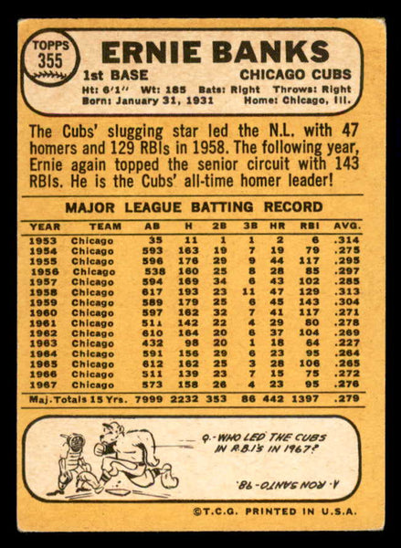 1968 Topps Baseball #355 Ernie Banks Cubs EX 541061