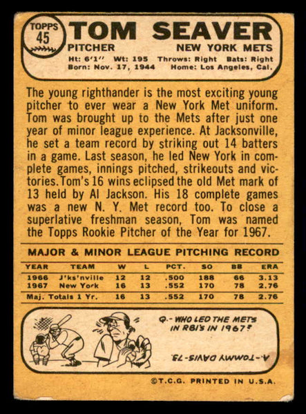 1968 Topps Baseball #045 Tom Seaver Mets VG 541071