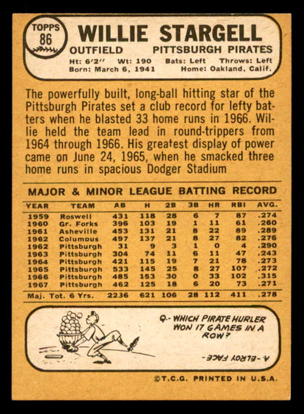 1968 Topps Baseball #086 Willie Stargell Pirates EX 541082