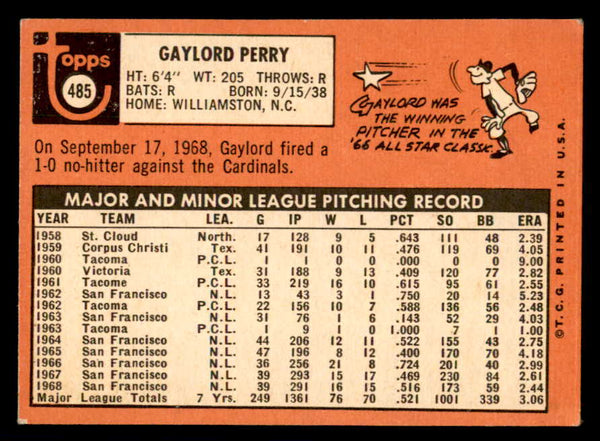 1969 Topps Baseball #485 Gaylord Perry Giants EX 541110