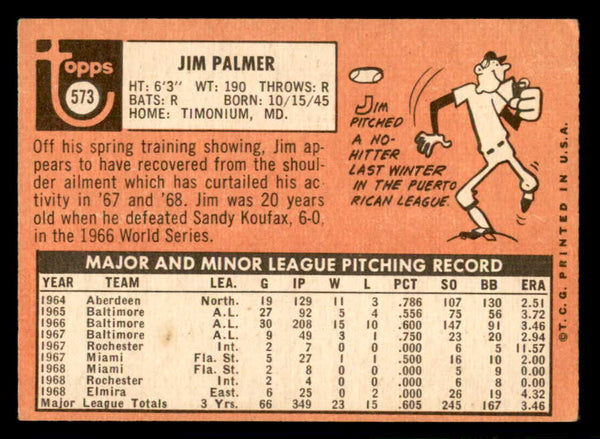 1969 Topps Baseball #573 Jim Palmer Orioles EX 541114