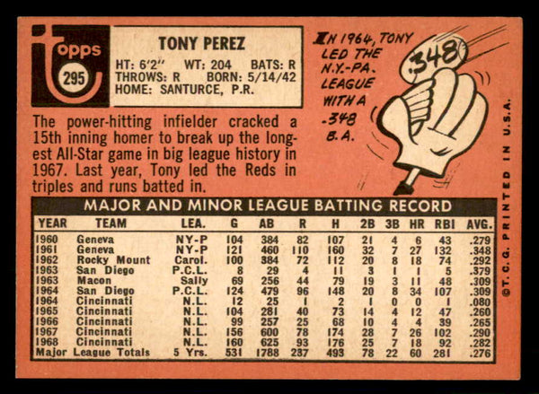 1969 Topps Baseball #295 Tony Perez Reds EX+/EX-MT 541123