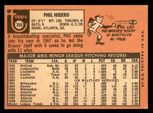 1969 Topps Baseball #355 Phil Niekro Braves EX+/EX-MT 541125