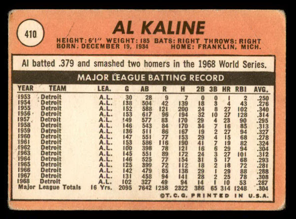 1969 Topps Baseball #410 Al Kaline Tigers GD-VG 541134