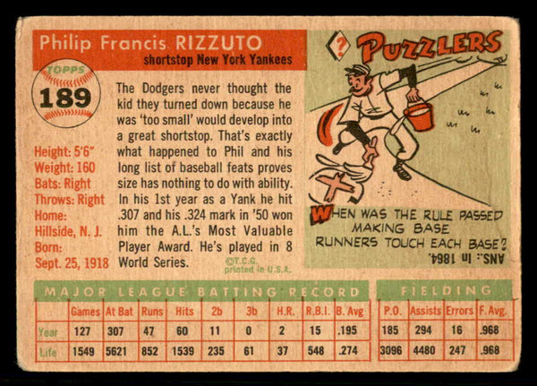1955 Topps Baseball #189 Phil Rizzuto Yankees VG 541161
