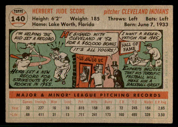 1956 Topps Baseball #140 Herb Score Indians VG Gray 541212