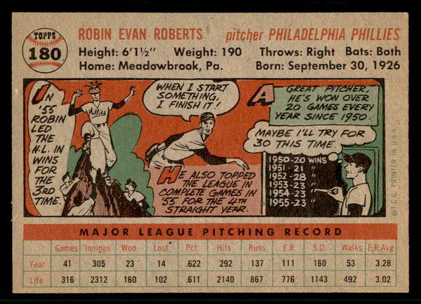 1956 Topps Baseball #180 Robin Roberts Phillies EX-MT Gray 541248