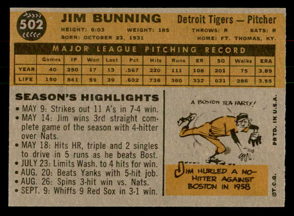 1960 Topps Baseball #502 Jim Bunning Tigers EX 541288