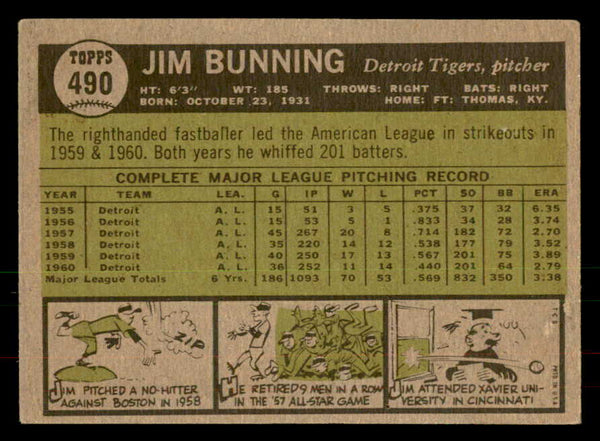 1961 Topps Baseball #490 Jim Bunning Tigers VG-EX 541294