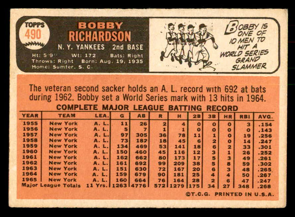 1966 Topps Baseball #490 Bobby Richardson Yankees EX 541322
