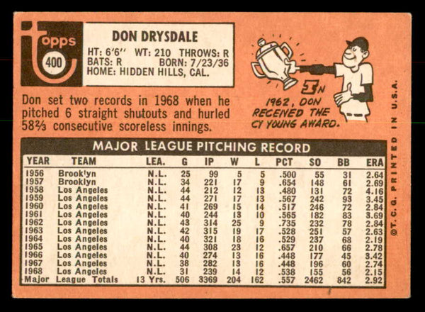 1969 Topps Baseball #400 Don Drysdale Dodgers EX 541369