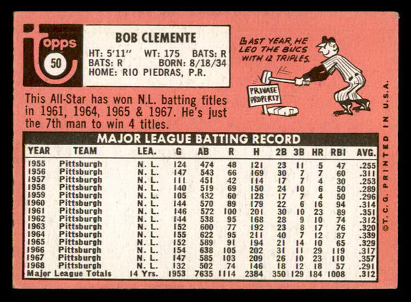 1969 Topps Baseball #050 Roberto Clemente Pirates EX 541383