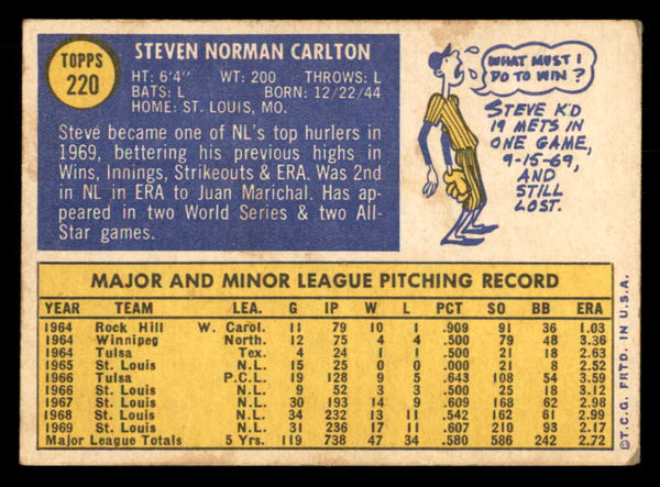 1970 Topps Baseball #220 Steve Carlton Cardinals VG 541459