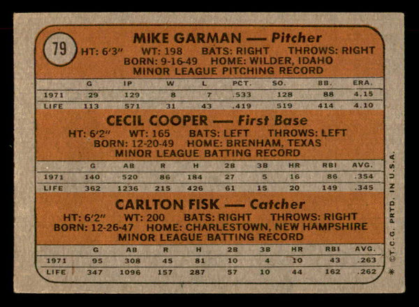1972 Topps Baseball #079 Carlton Fisk Red Sox VG-EX 541475