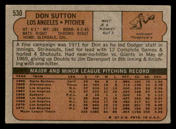 1972 Topps Baseball #530 Don Sutton Dodgers VG-EX 541497