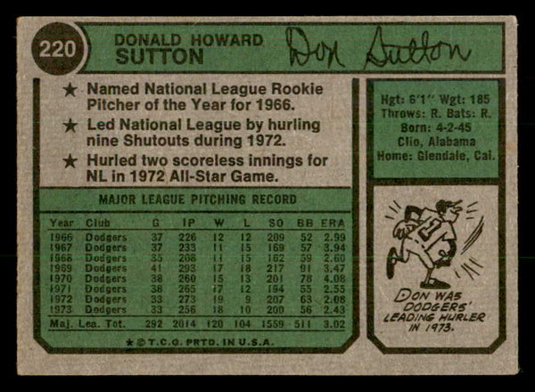 1974 Topps Baseball #220 Don Sutton Dodgers VG-EX 541546