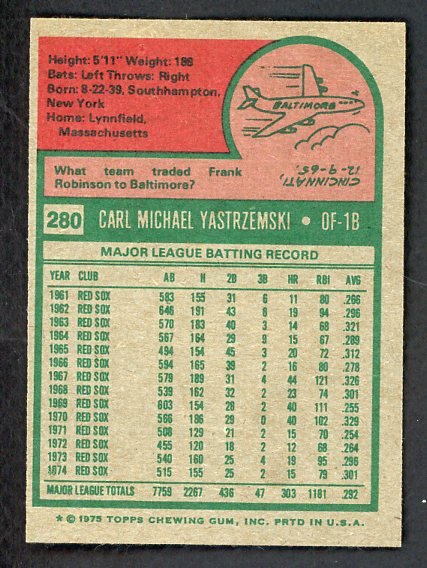 1975 Topps Baseball #280 Carl Yastrzemski Red Sox NR-MT 541587