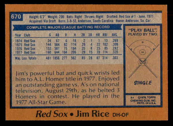 1978 Topps Baseball #670 Jim Rice Red Sox EX-MT 541610