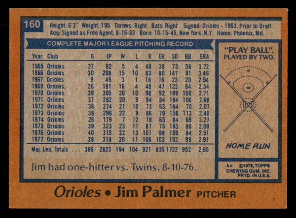 1978 Topps Baseball #160 Jim Palmer Orioles EX-MT 541624