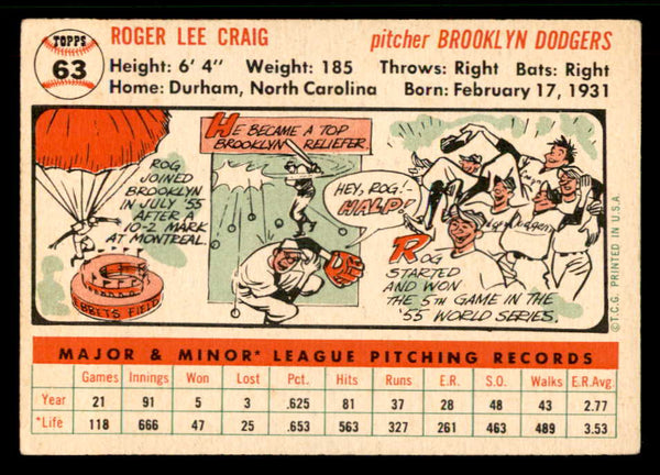 1956 Topps Baseball #063 Roger Craig Dodges VG-EX White 541645