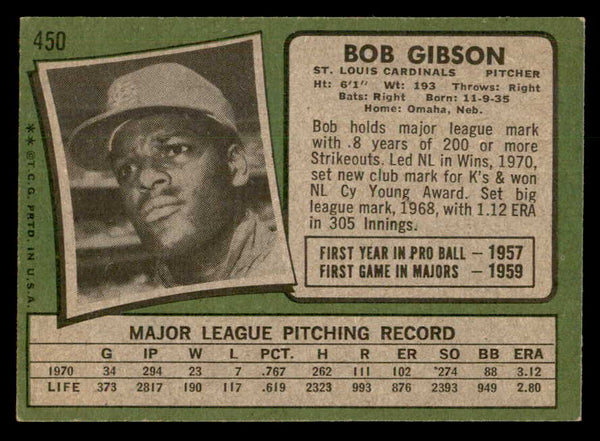 1971 Topps Baseball #450 Bob Gibson Cardinals EX 541677