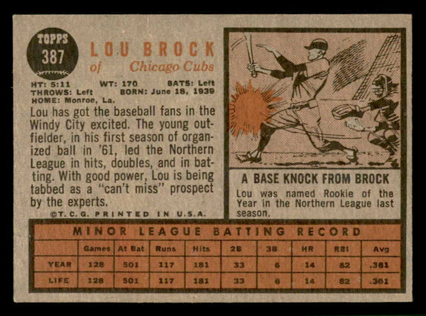 1962 Topps Baseball #387 Lou Brock Cubs EX+/EX-MT 541739