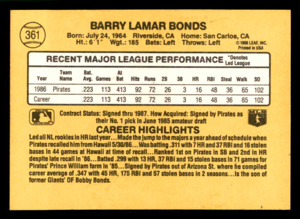 1987 Donruss #361 Barry Bonds Pirates NR-MT 541772