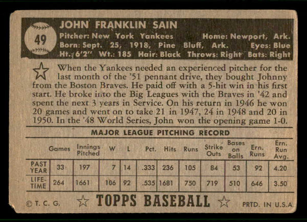 1952 Topps Baseball #049 Johnny Sain Yankees Good Black 541820