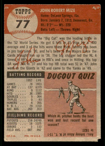 1953 Topps Baseball #077 Johnny Mize Yankees PR-FR 541823