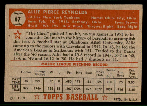 1952 Topps Baseball #067 Allie Reynolds Yankees EX-MT Red 541828