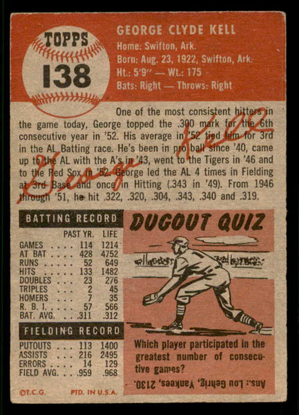 1953 Topps Baseball #138 George Kell Red Sox VG-EX 541838