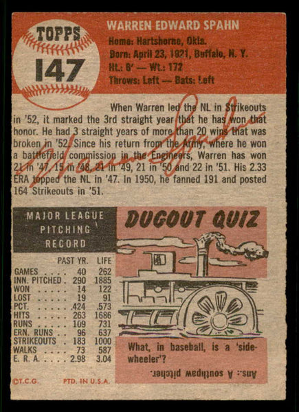 1953 Topps Baseball #147 Warren Spahn Braves VG-EX 541839