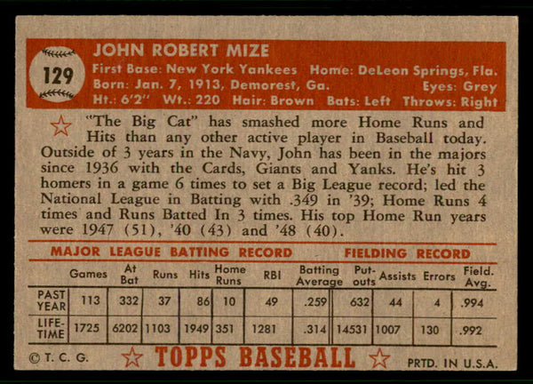 1952 Topps Baseball #129 Johnny Mize Yankees VG-EX 541848