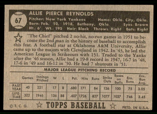 1952 Topps Baseball #067 Allie Reynolds Yankees EX Black 541862