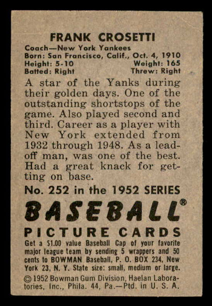 1952 Bowman Baseball #252 Frank Crosetti Yankees EX 541887